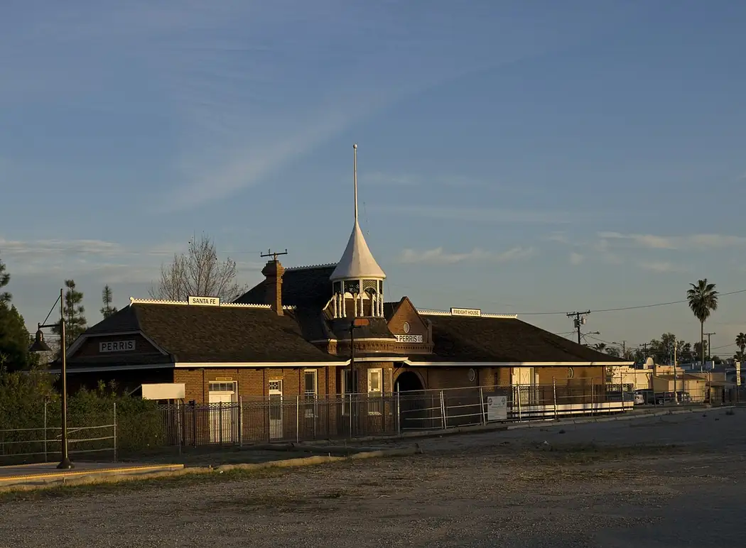 The historic Santa Fe railroad depot in downtown Perris, California